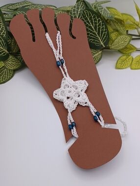 Handmade Crochet Flower Barefoot Sandals in White & Blue